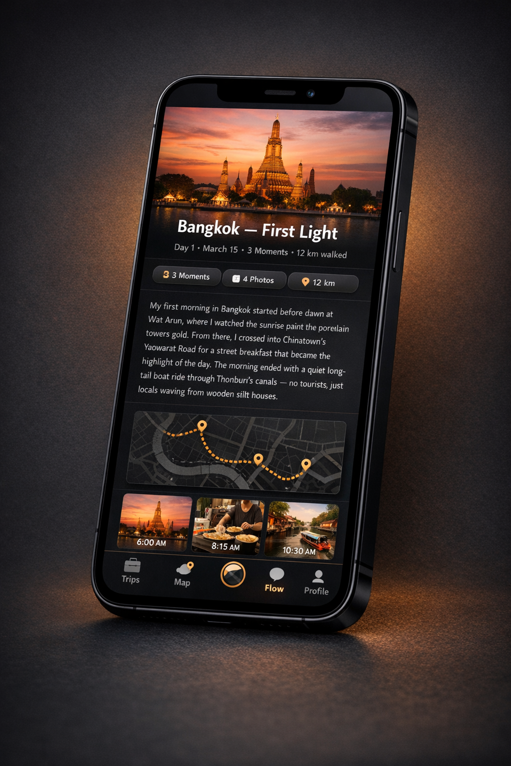 Daily summary view showing Bangkok First Light recap with photos and map