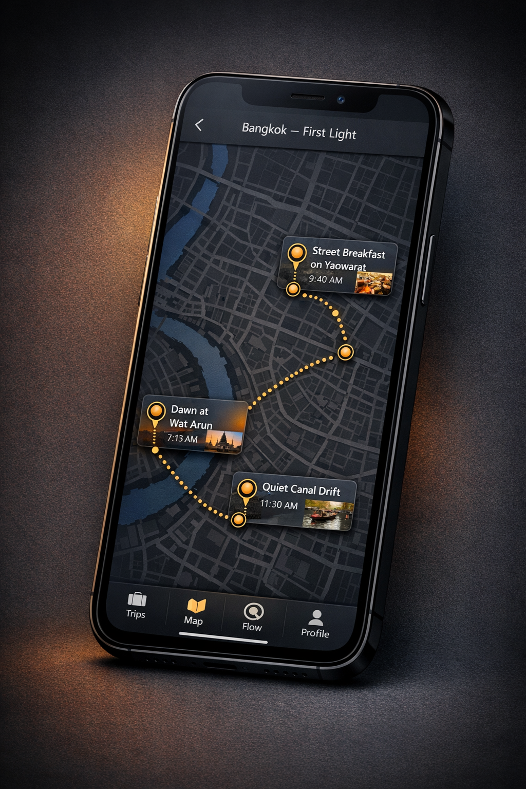 Map view showing Bangkok journey route with pinned moments