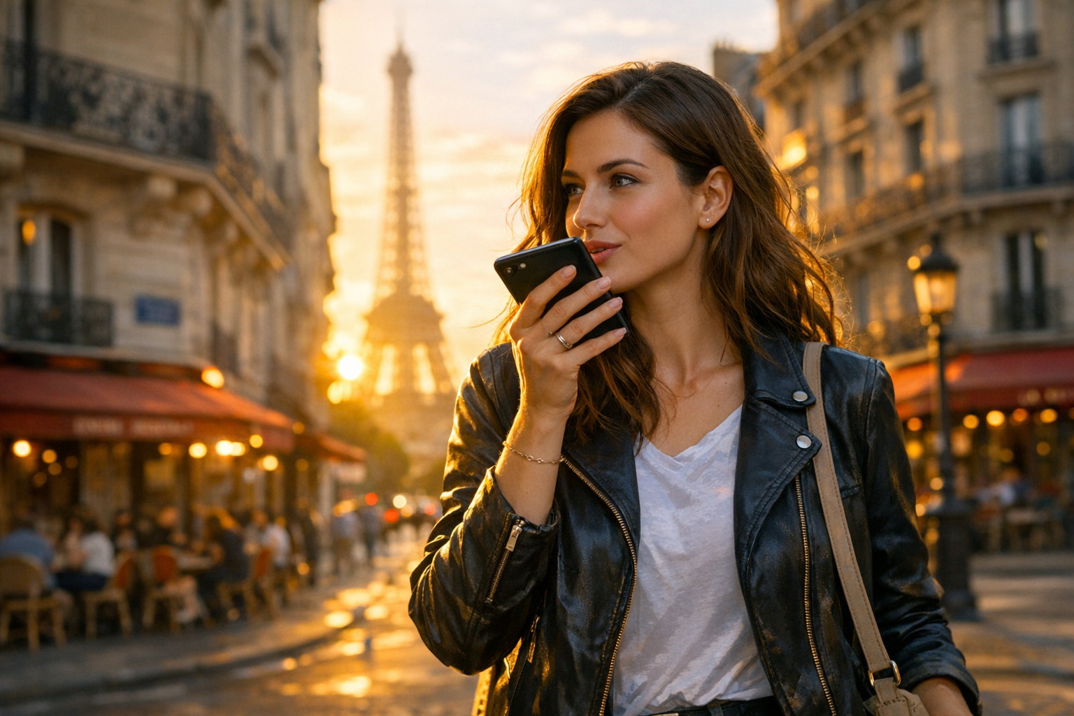 Person whispering to phone with glowing orb interface in beautiful travel location