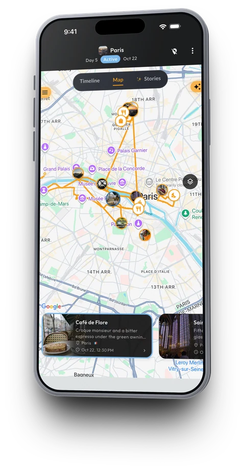 The trip map in Triplium: the tracked route with every Moment pinned where it happened