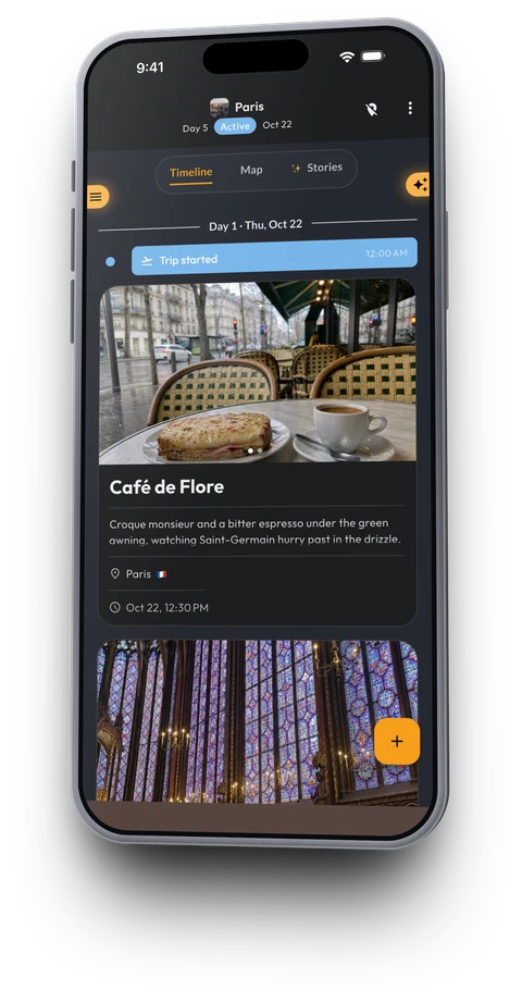 The trip timeline in Triplium: Moments in order, by day and place
