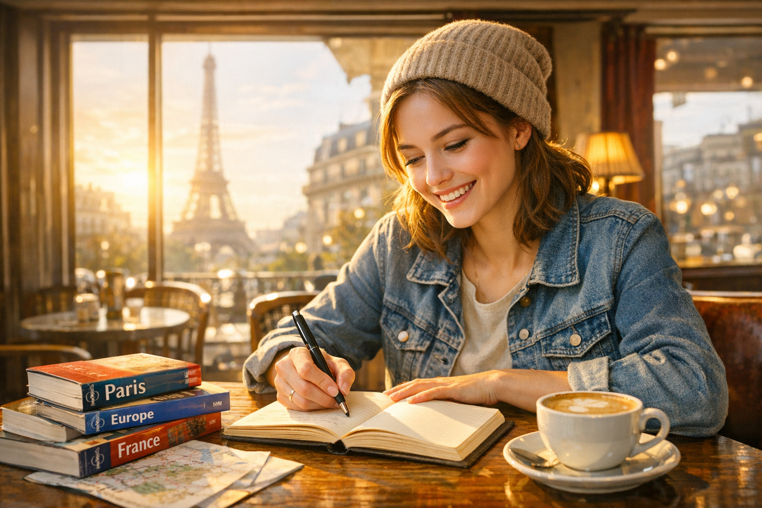 Traveler enthusiastically writing in a fresh journal at a Parisian café on Day 1, morning light streaming through windows, hopeful expression