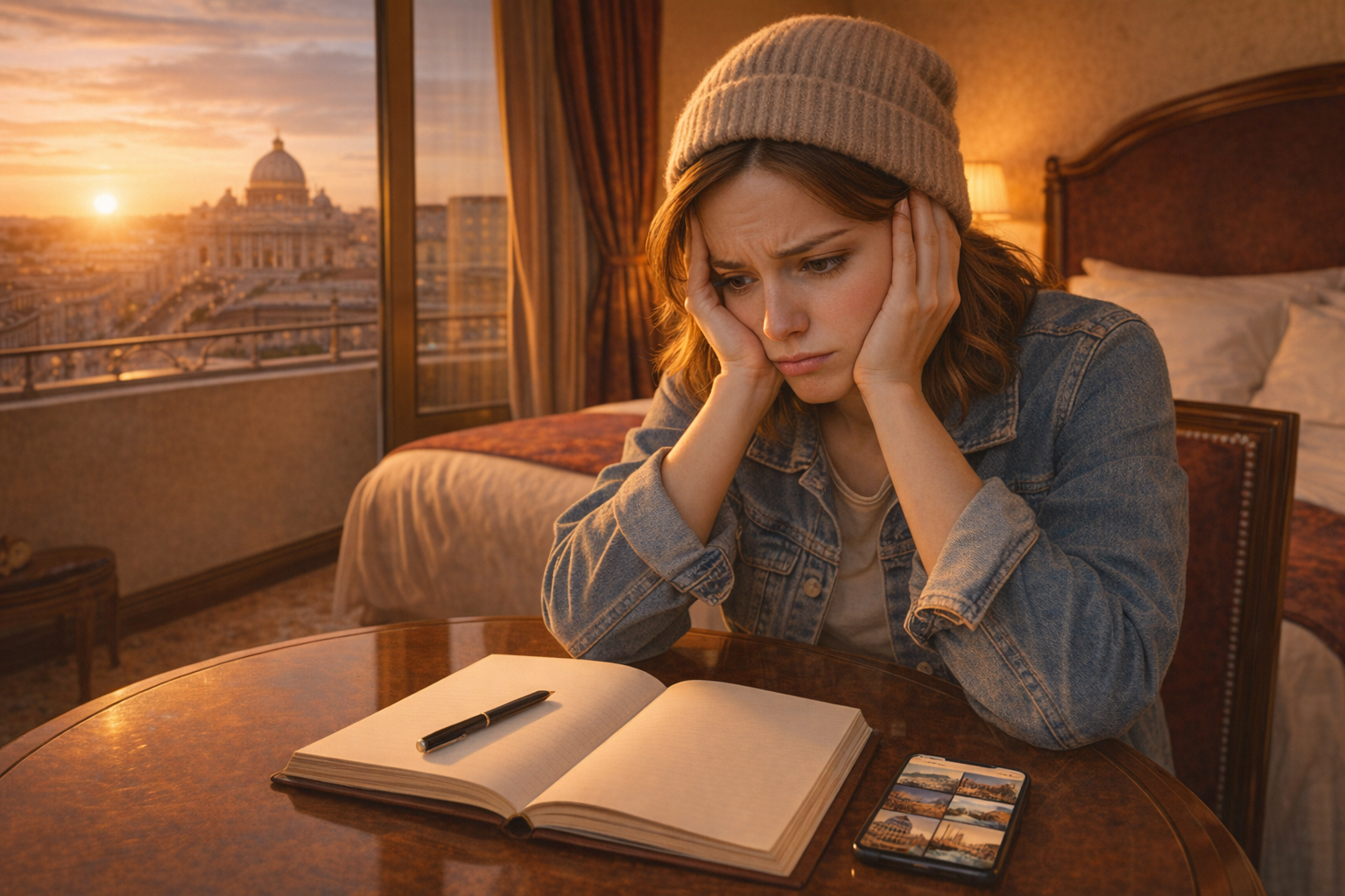 Same traveler 5 days later in a hotel room at sunset, looking frustrated at a blank journal page with pen untouched, expression of guilt and disappointment
