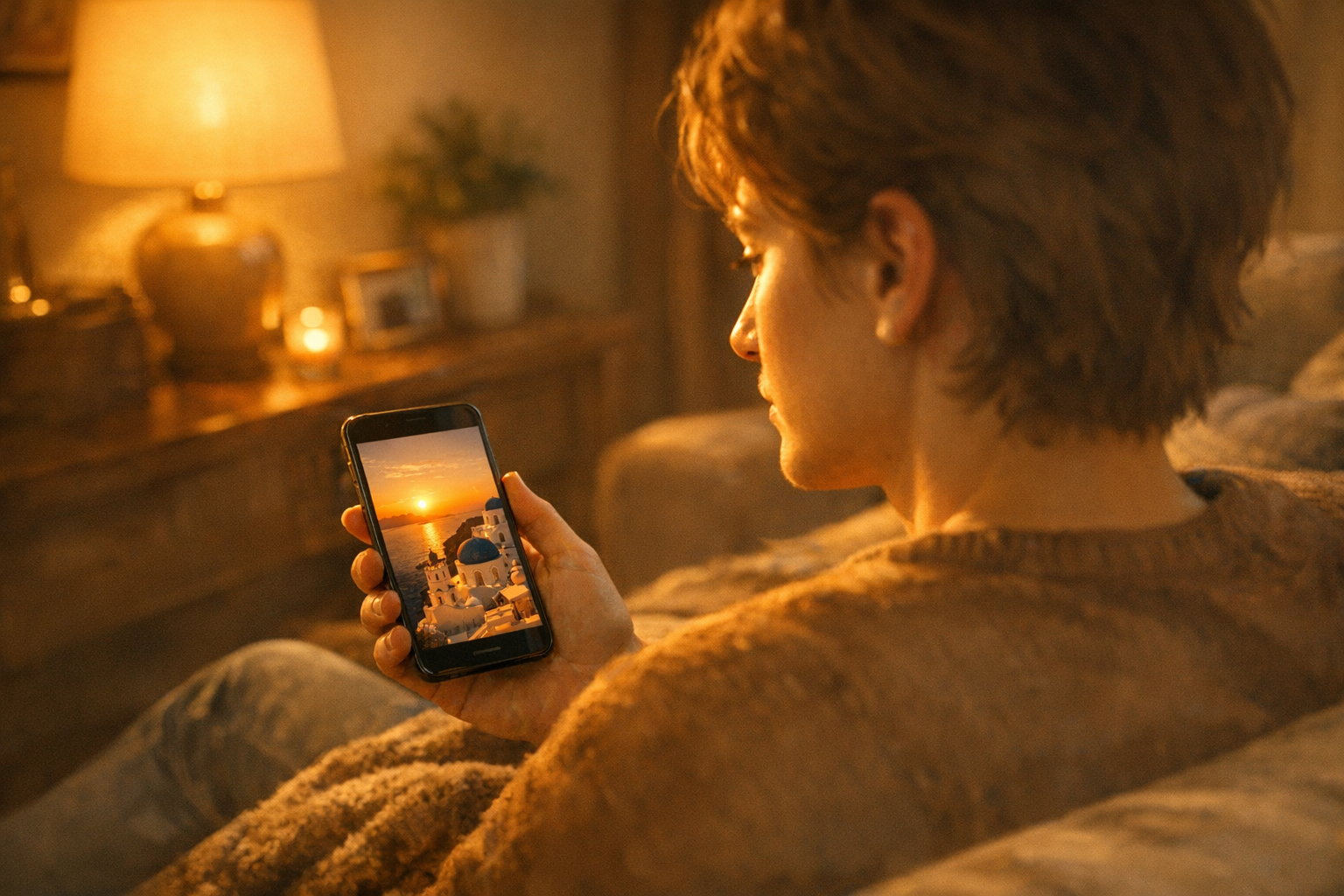 Person at home looking at their smartphone displaying a beautiful Santorini sunset photo, nostalgic expression in warm lamp light