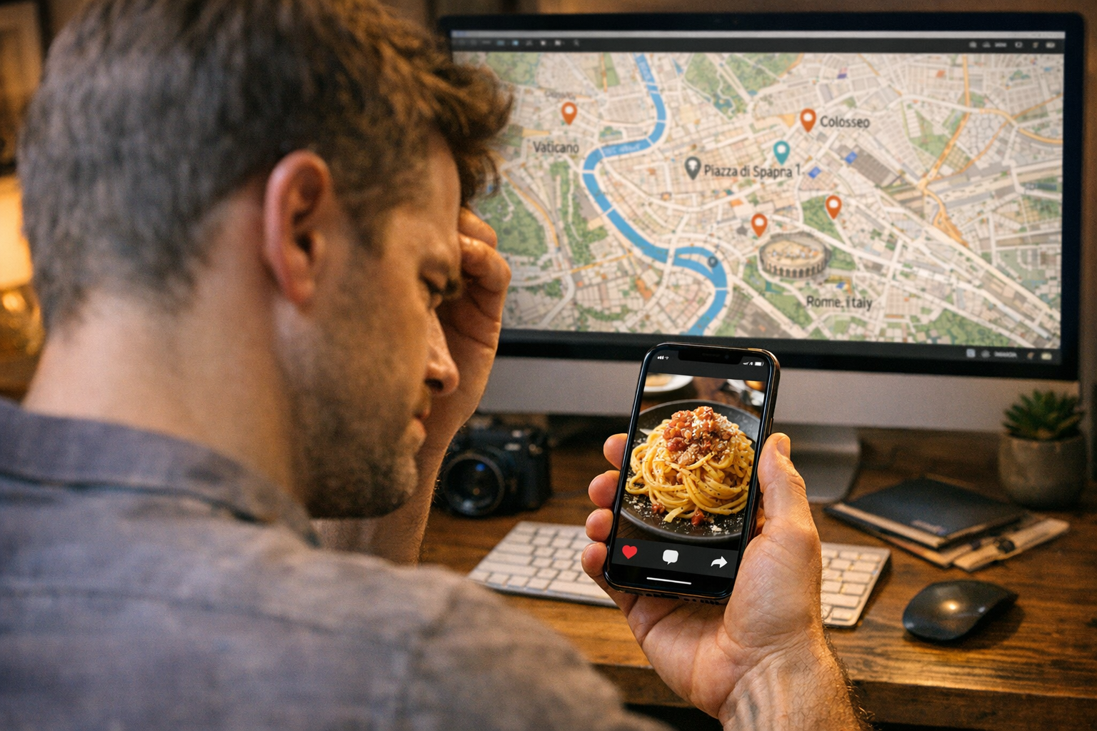 Person at home looking frustrated at their smartphone showing a pasta photo, with laptop displaying Rome map with multiple location pins