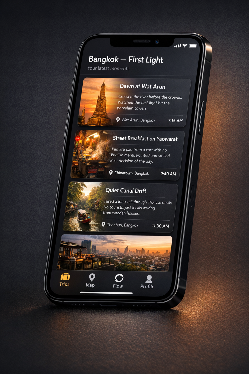 Timeline view showing Bangkok trip moments in chronological order